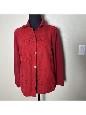 Faux Suede Laser Cut Jacket Cotton Blend Knit Petite Relaxed Y2K Boho Red 90s